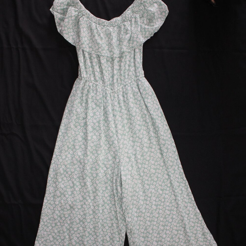 Women's Liberty Love Green Floral Rayon Capri Off Shoulder Ruffle Front Jumpsuit